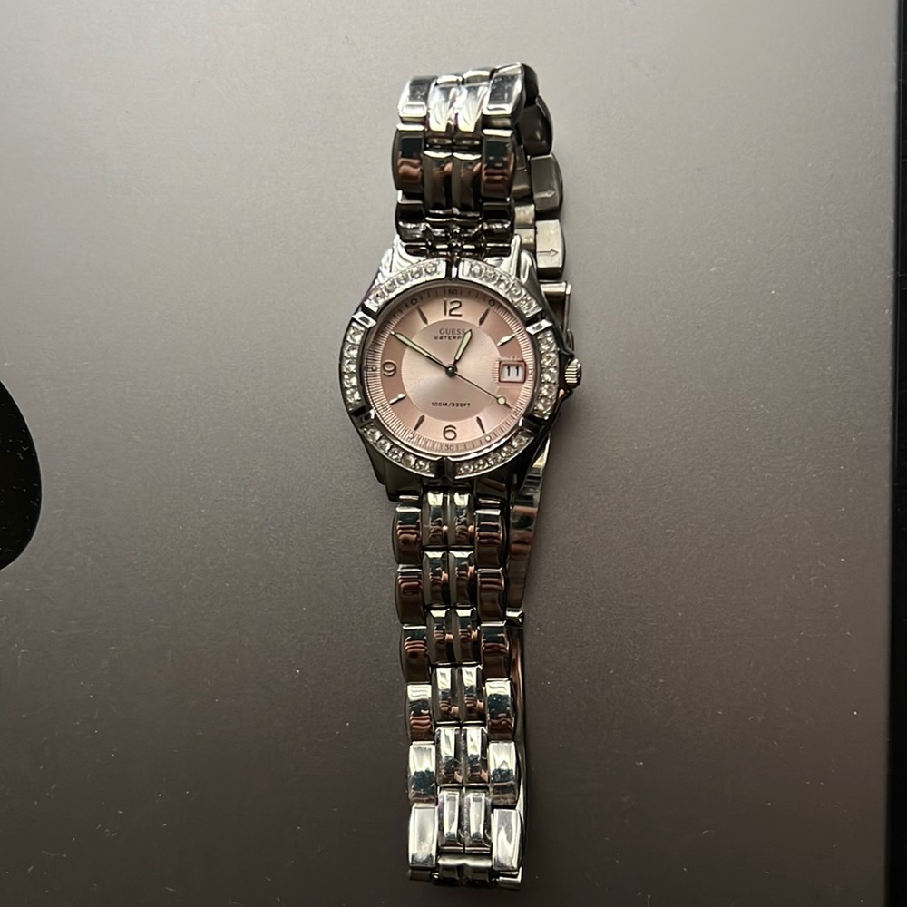 Guess bejeweled watch with metallic soft pink face